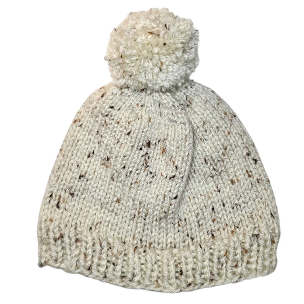 Winter Hat Handmade Speckled Cream Yarn Knit Pom Pom Beanie Womens Accessories